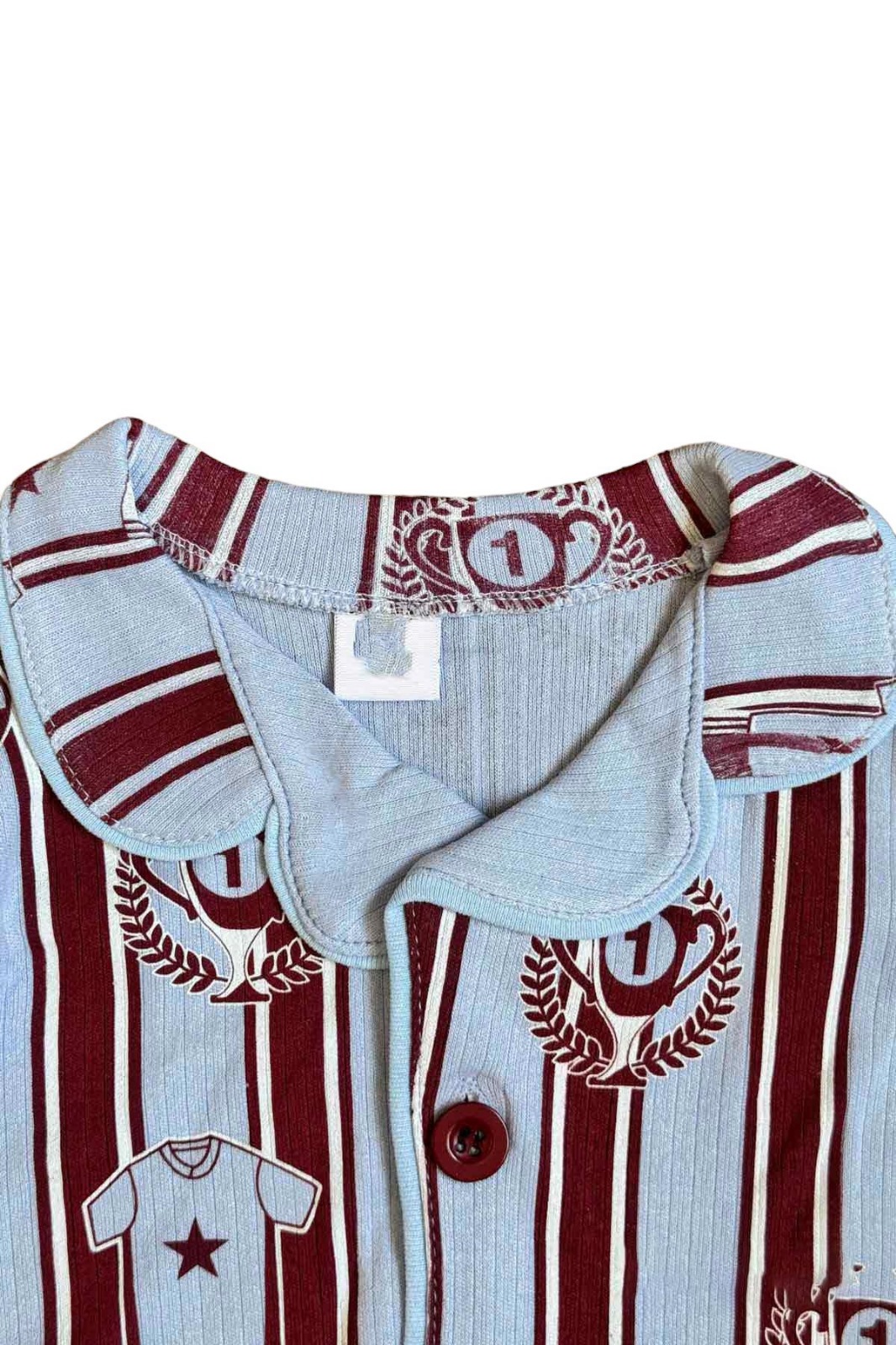 Peki Mevsimlik Kız Erkek Bebek Yumuşak Penye Pamuklu Dar Kalıp Çizgili Futbol Yıldız Süper Kupa Pijama Takımı Ekru Üzerine Biye ve Düğmeleri  Renkli 15595