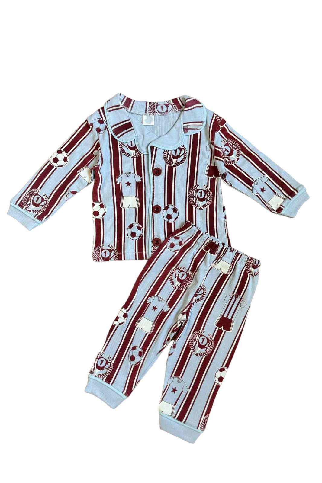 Peki Mevsimlik Kız Erkek Bebek Yumuşak Penye Pamuklu Dar Kalıp Çizgili Futbol Yıldız Süper Kupa Pijama Takımı Ekru Üzerine Biye ve Düğmeleri  Renkli 15595