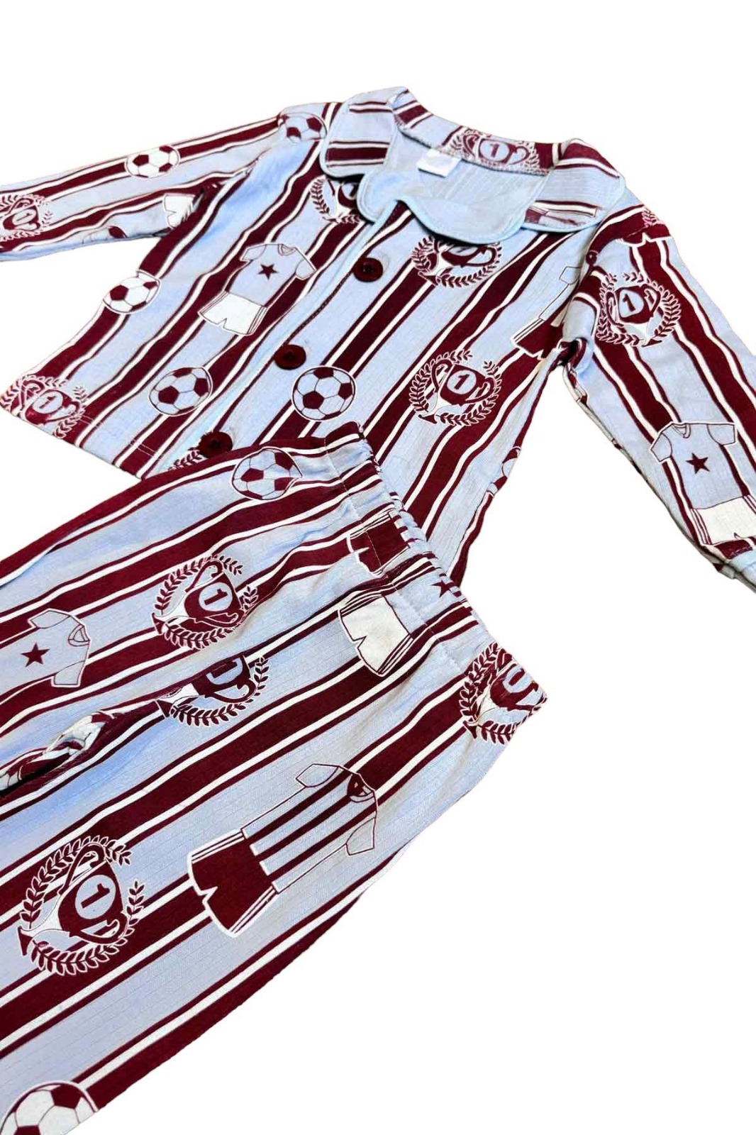 Peki Mevsimlik Kız Erkek Bebek Yumuşak Penye Pamuklu Dar Kalıp Çizgili Futbol Yıldız Süper Kupa Pijama Takımı Ekru Üzerine Biye ve Düğmeleri  Renkli 15595